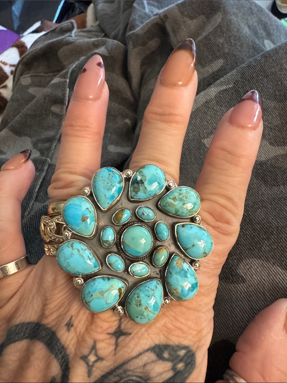 Navaho Turquoise Cluster Statement Ring - 925 silver